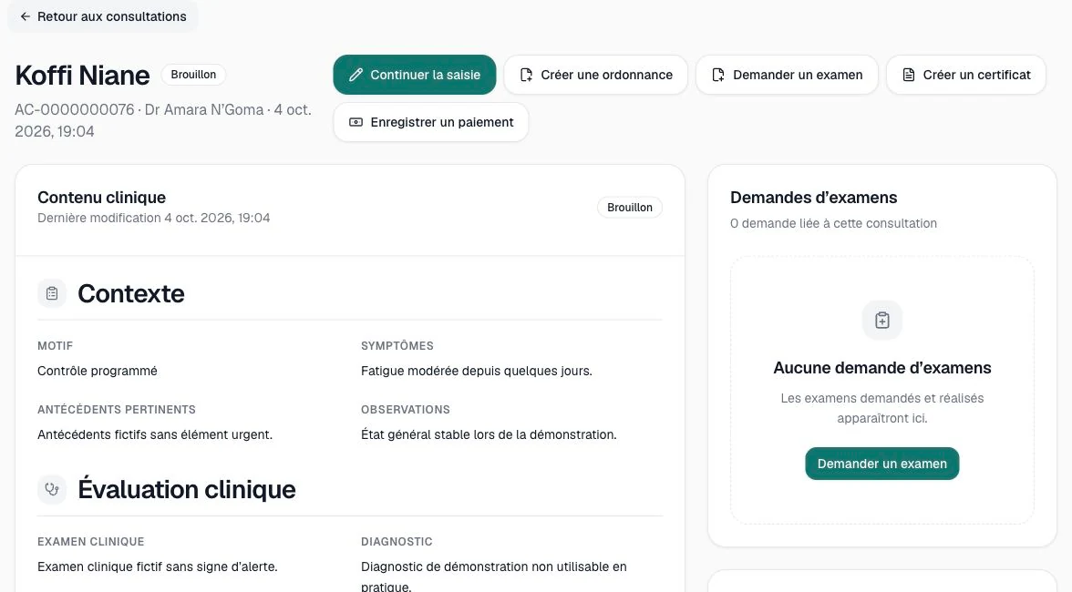 Consultation du patient fictif Koffi Niane dans Afrik.Care, avec son contexte et les actions de création de documents.
