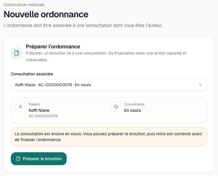 Formulaire Afrik.Care avec la consultation associée, le patient fictif Koffi Niane et le bouton Préparer le brouillon.